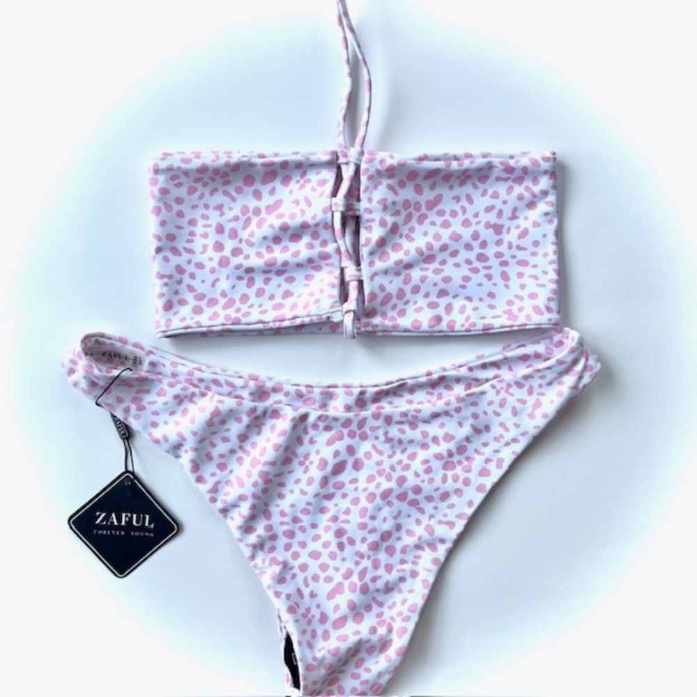 ZAFUL Bandeau Lace-up Pink Polka Dot Bikini Set  NWT